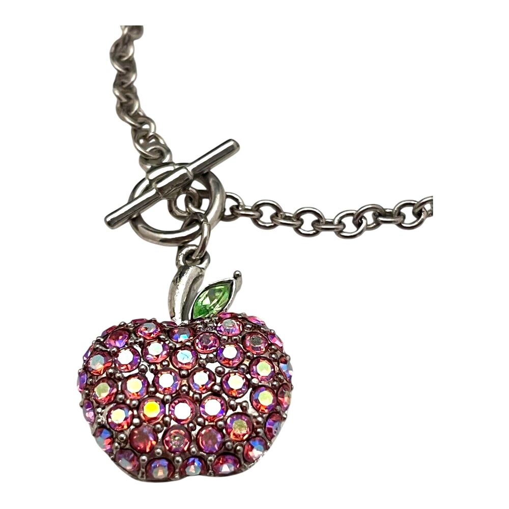 New Apple Charm Bracelet Silver Tone Crystal Toggle Teacher Gift - 11Y